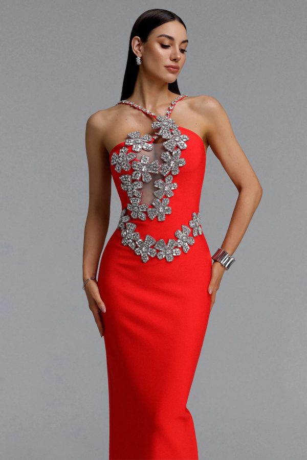 sirel diamond flower bandage maxi dress in red 12