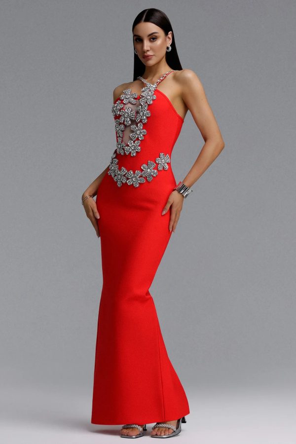 sirel diamond flower bandage maxi dress in red 15