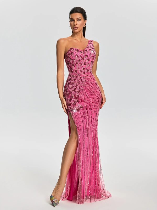 sylverin one shoulder sequin split maxi dress 12