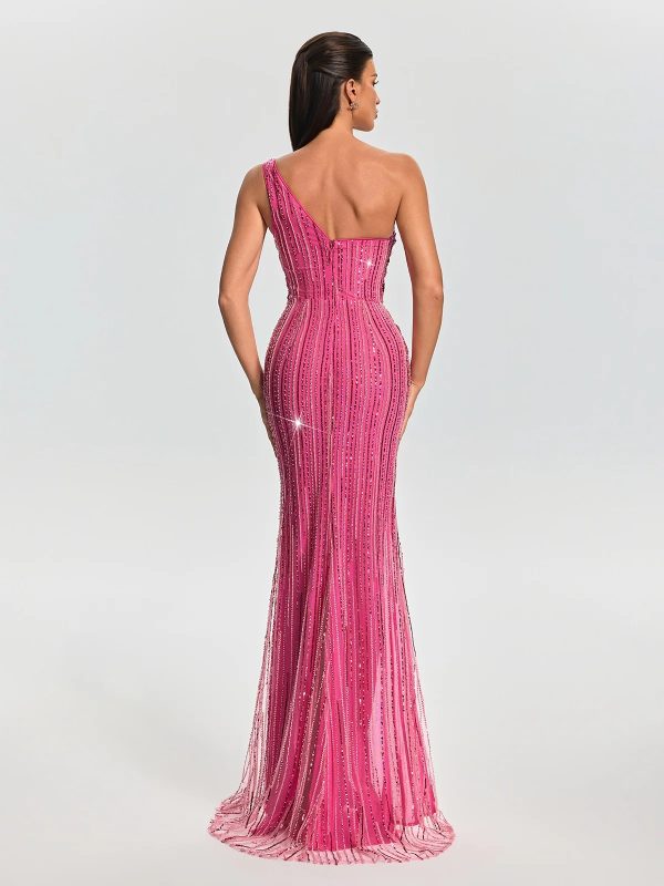sylverin one shoulder sequin split maxi dress 16