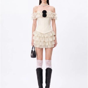 talven tiered flower dot skirt set in beige 11