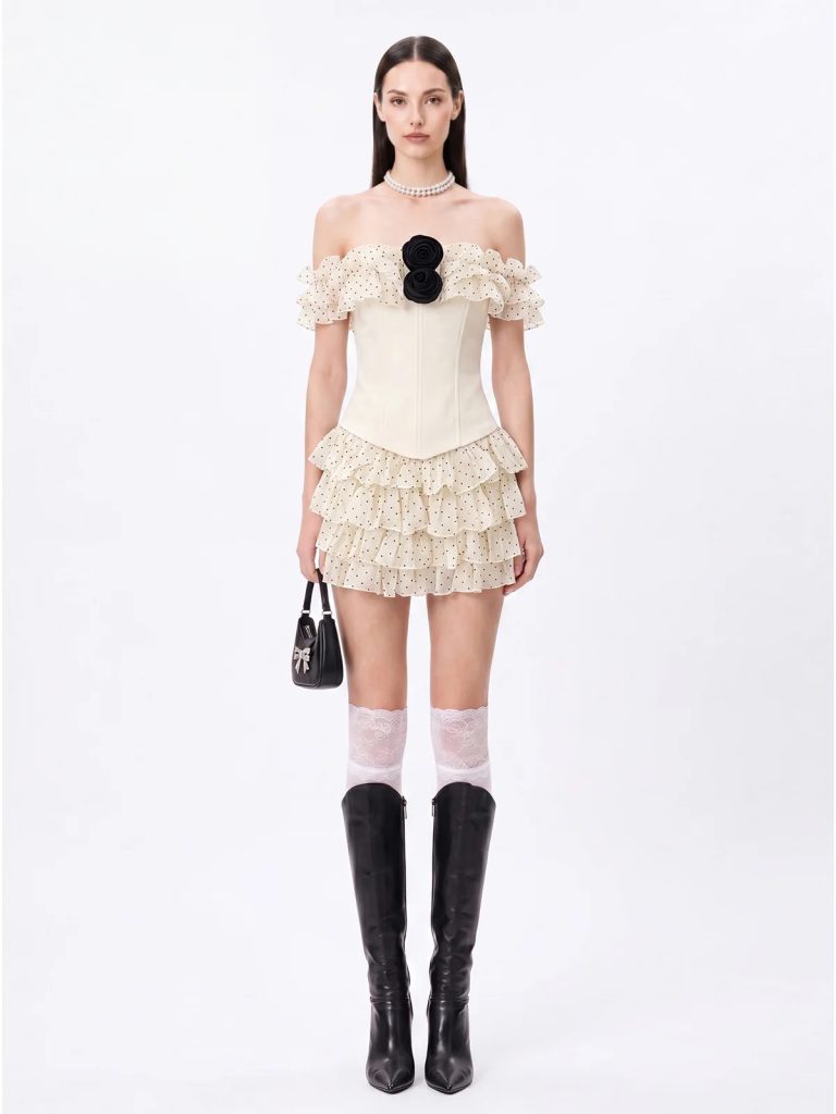 talven tiered flower dot skirt set in beige 11