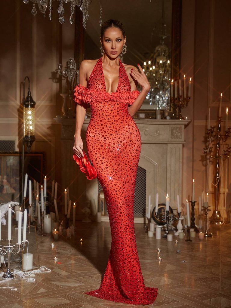 terance halterneck flower rhinestone maxi dress in red 11