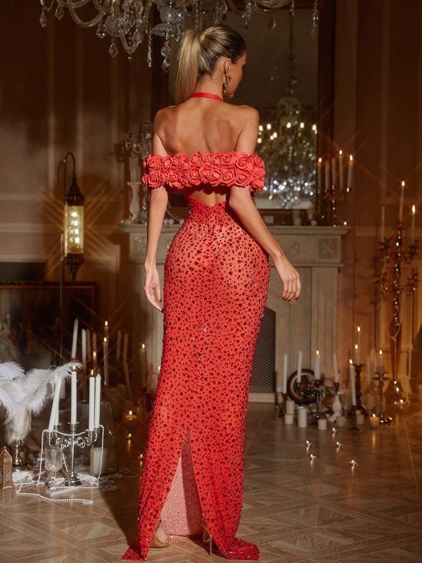 terance halterneck flower rhinestone maxi dress in red 16