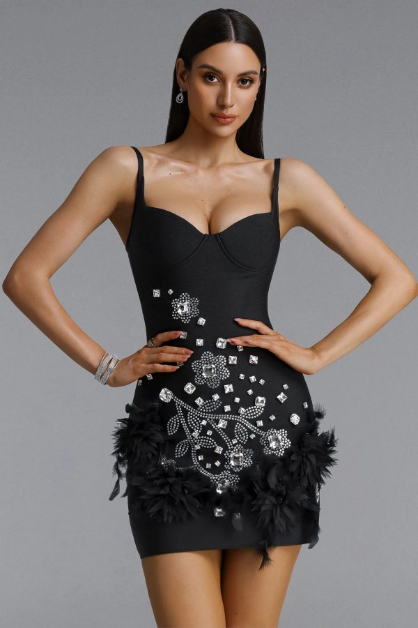 tersaa rhinestone feather bandage mini dress in black 12