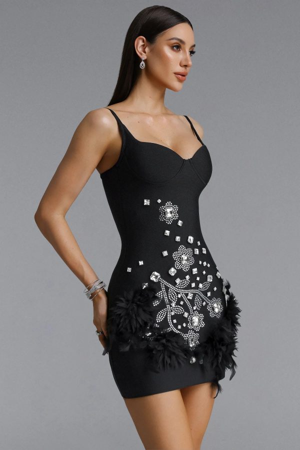 tersaa rhinestone feather bandage mini dress in black 14