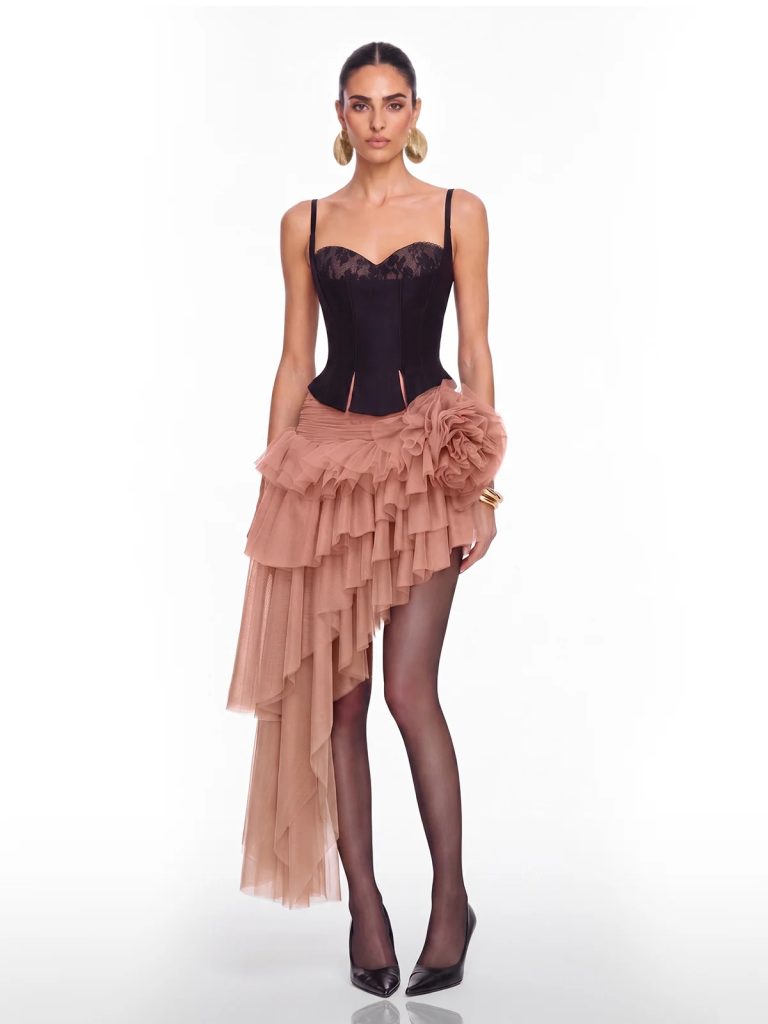tyveron asymmetric flower skirt set in caramel 11