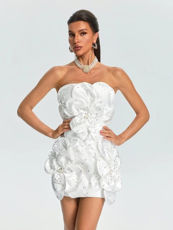 ultharic strapless flower rhinestone mini dress in white 12