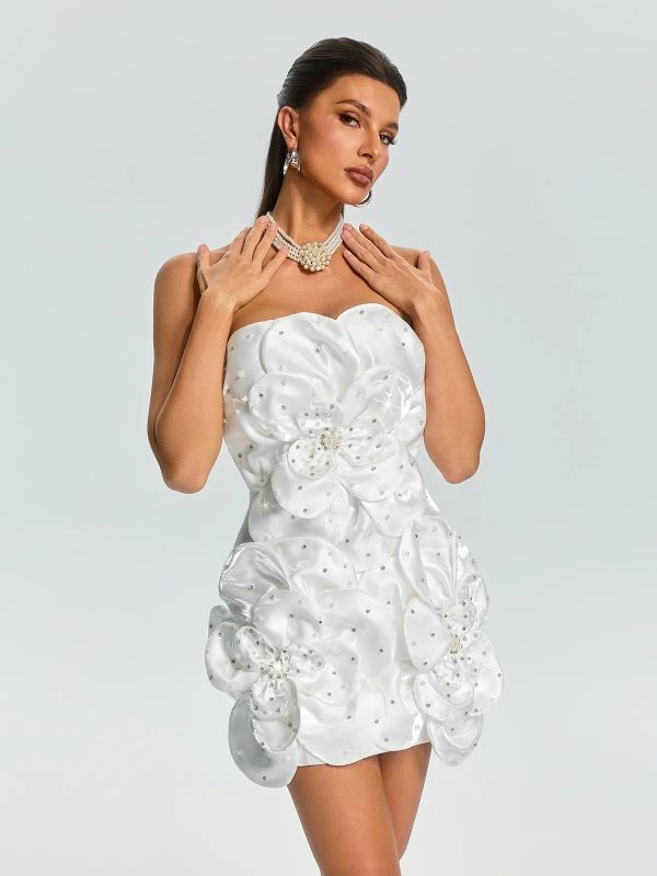 ultharic strapless flower rhinestone mini dress in white 13