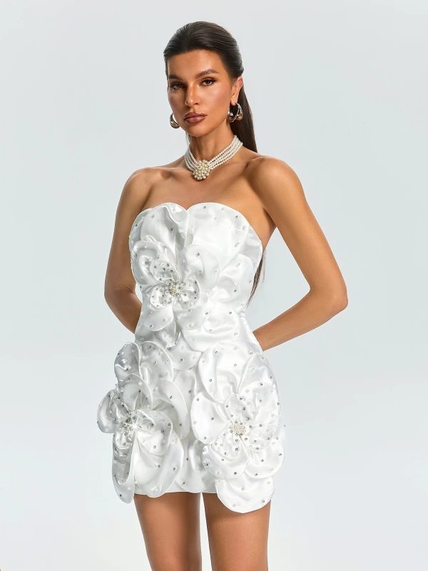 ultharic strapless flower rhinestone mini dress in white 14