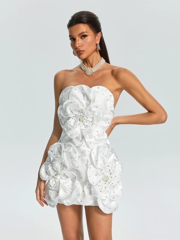 ultharic strapless flower rhinestone mini dress in white 15
