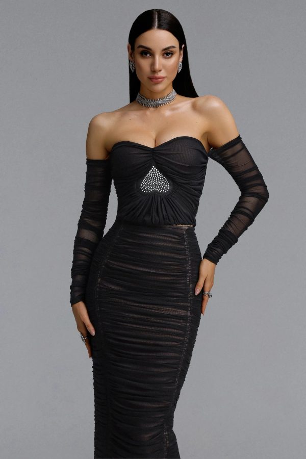 unica off shoulder long sleeve mesh heart rhinestone ruched bandage two piece set 12
