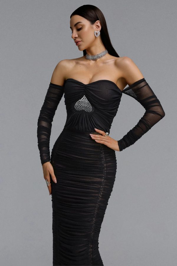 unica off shoulder long sleeve mesh heart rhinestone ruched bandage two piece set 14