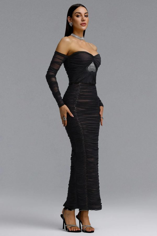 unica off shoulder long sleeve mesh heart rhinestone ruched bandage two piece set 15