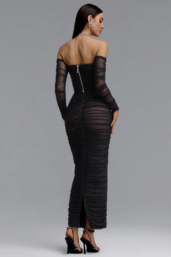 unica off shoulder long sleeve mesh heart rhinestone ruched bandage two piece set 16