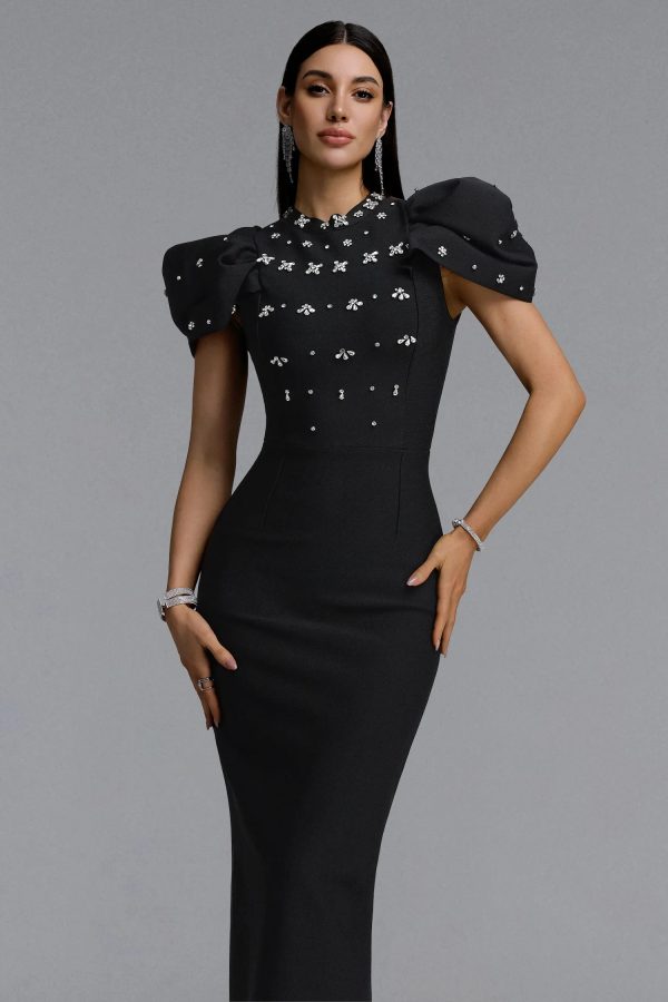 vazada high neck puff sleeve bandage black maxi dress 12