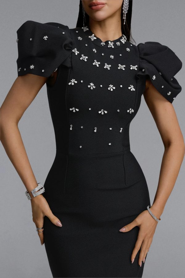vazada high neck puff sleeve bandage black maxi dress 13