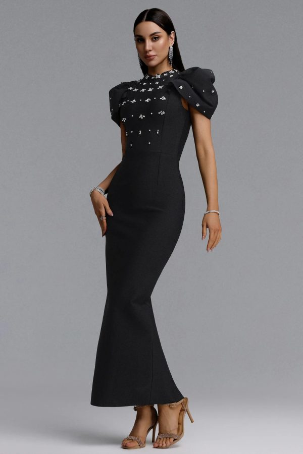 vazada high neck puff sleeve bandage black maxi dress 15