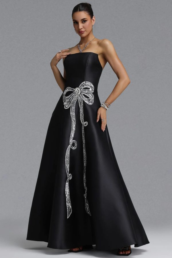 verga luxury strapless satin rhinestone bow maxi dress 15