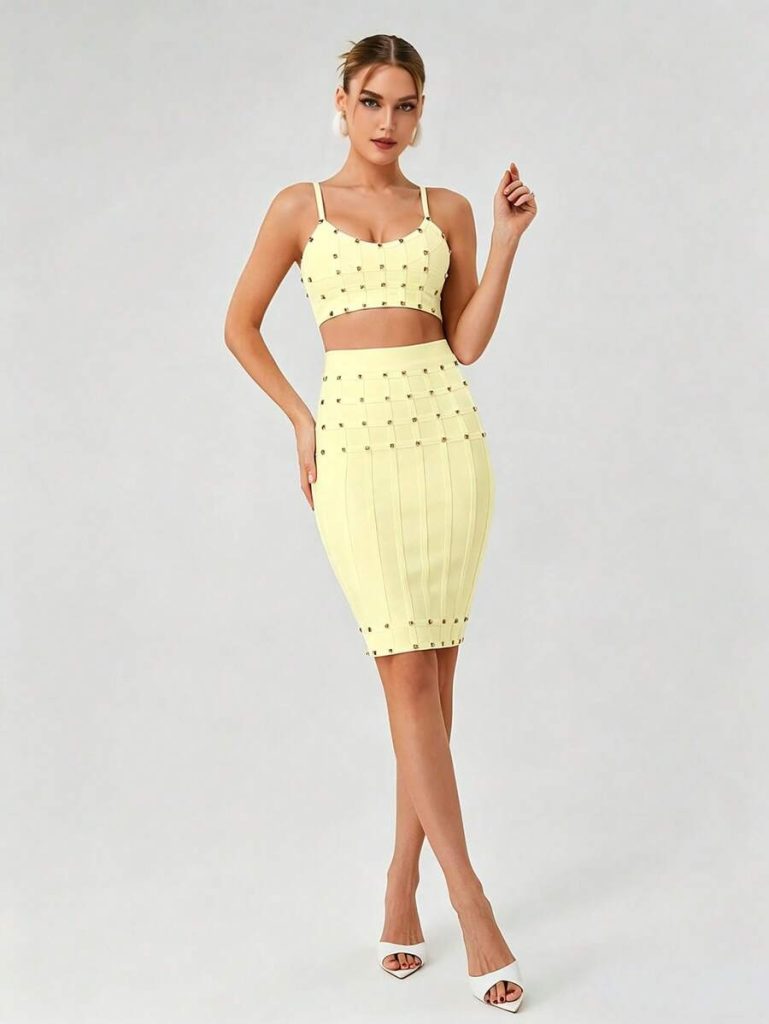 xarina spaghetti bandage skirt set in yellow 11
