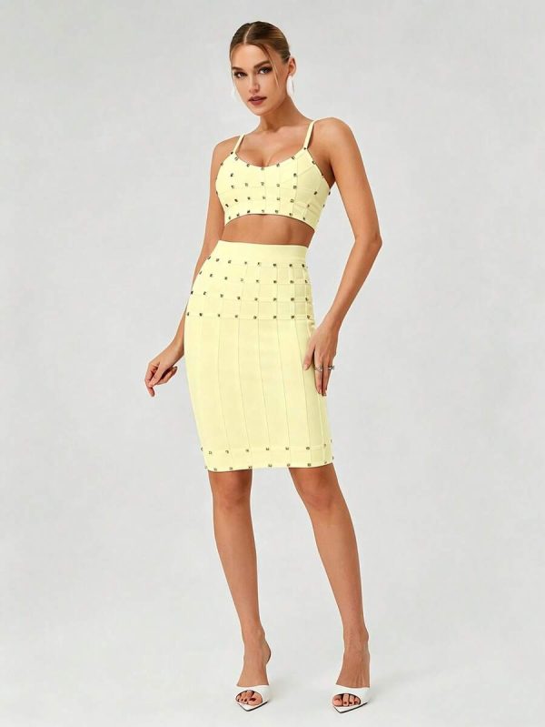 xarina spaghetti bandage skirt set in yellow 12