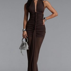 yamia halter v neck ruched maxi dress 11