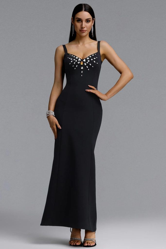 zaina spaghetti strap v neck diamond bandage black maxi dress 11