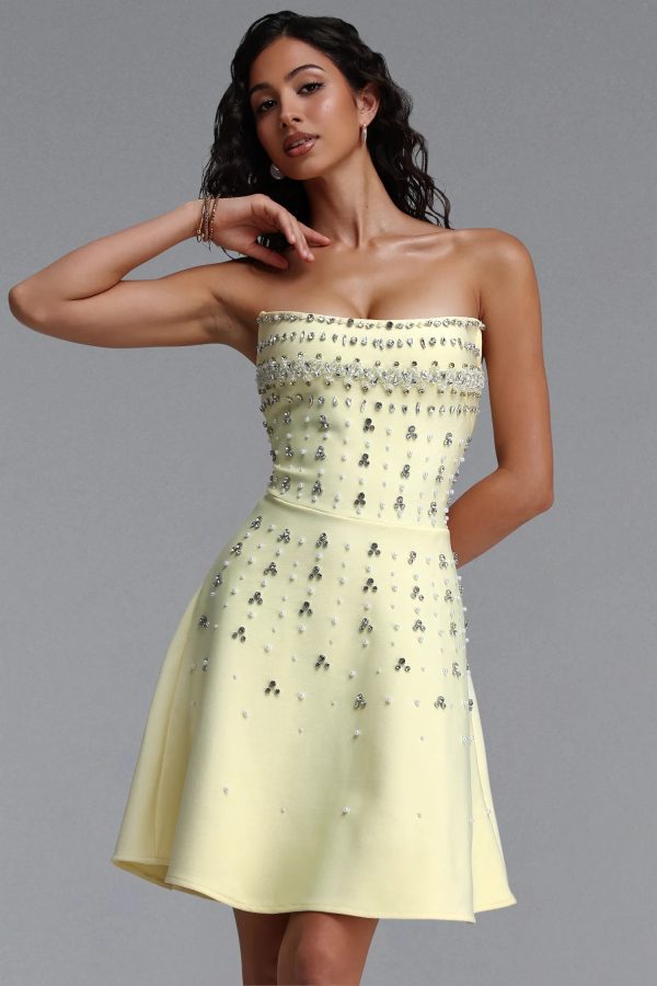 zarinny strapless rhinestone yellow bandage mini dress 14