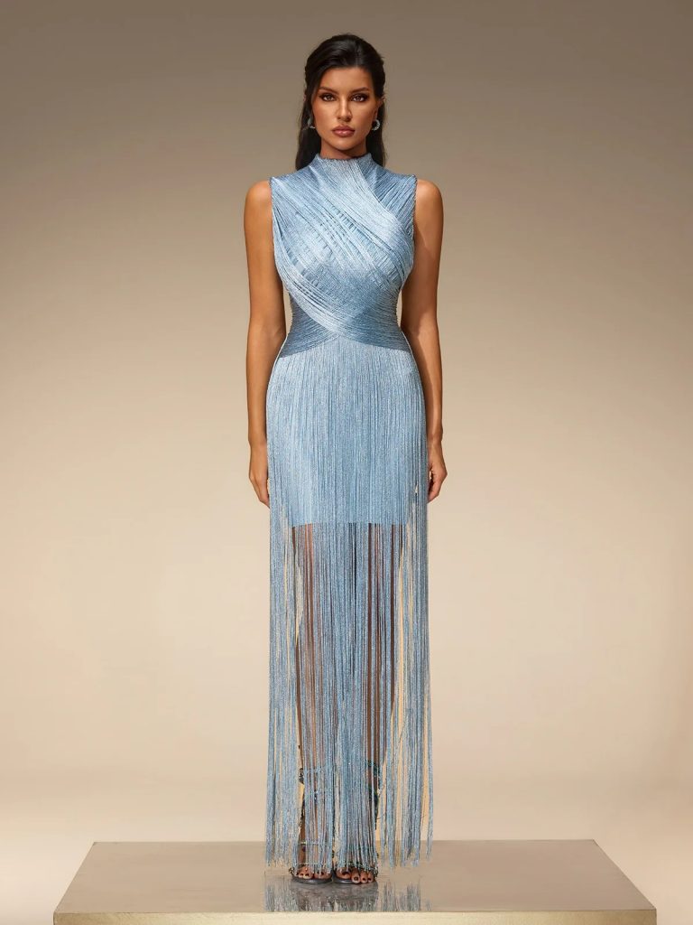 zavelyn sleeveless fringe bandage dress in blue 11