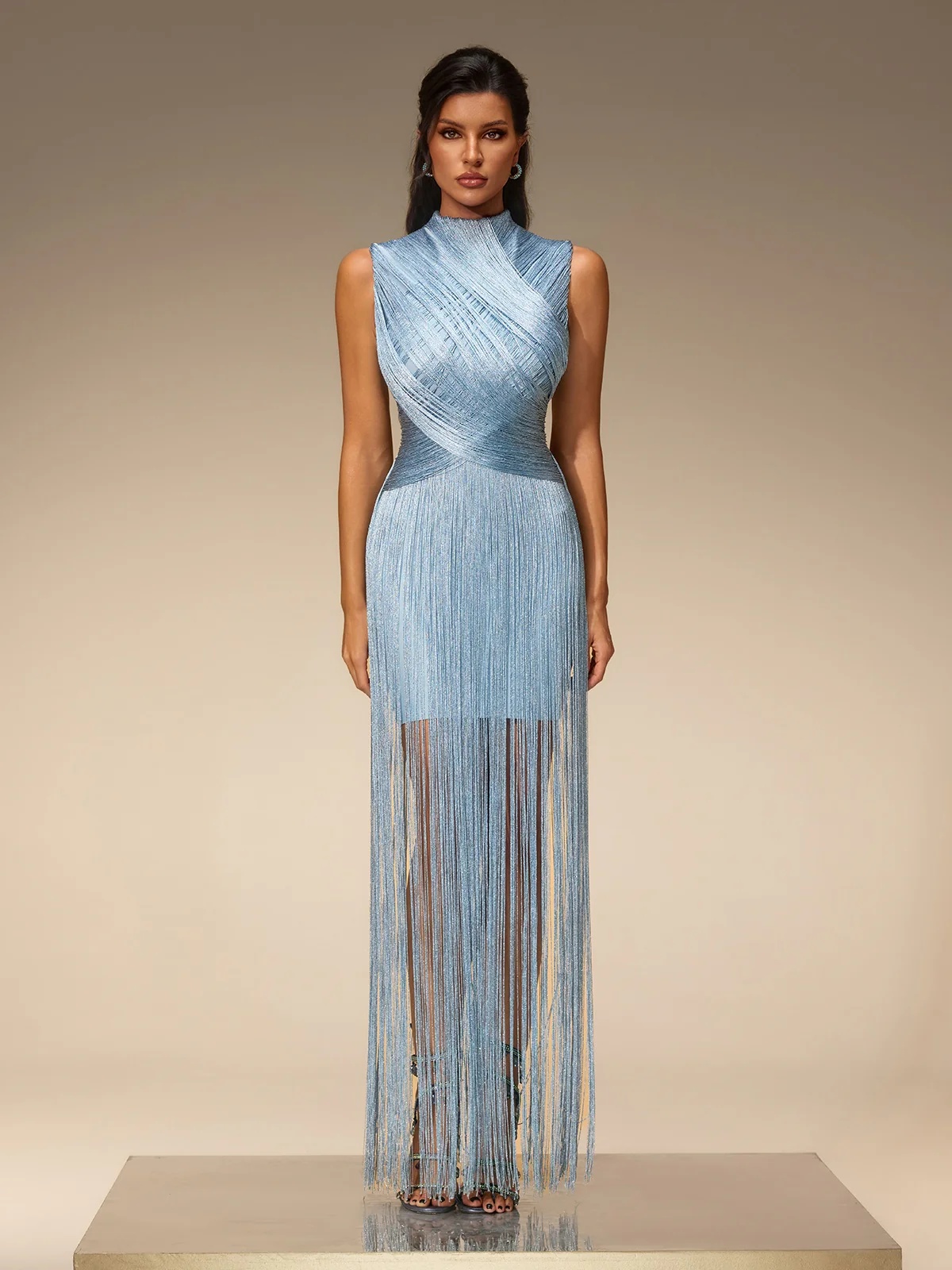 zavelyn sleeveless fringe bandage dress in blue 11