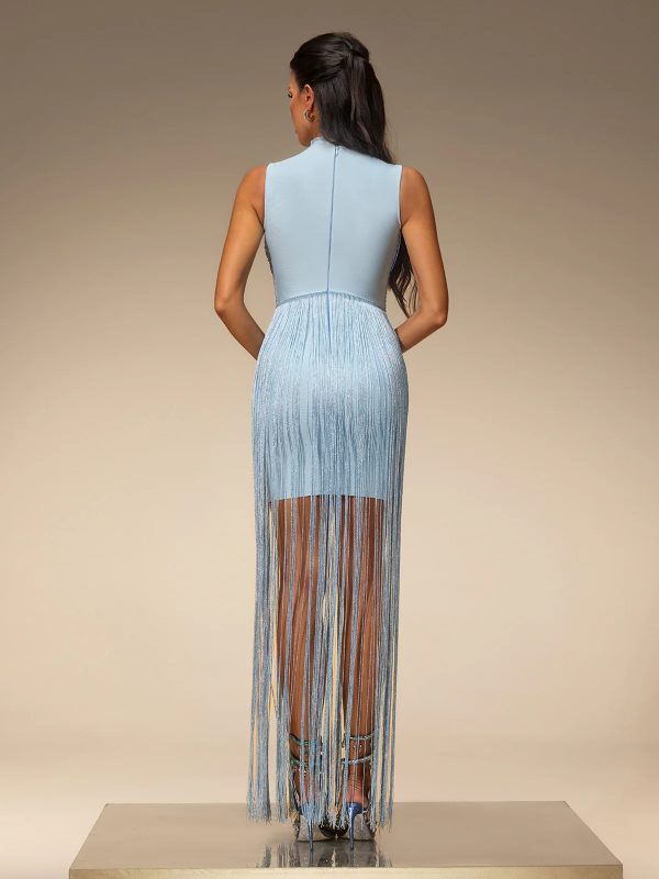 zavelyn sleeveless fringe bandage dress in blue 16