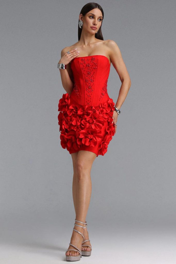 andrea strapless pearl floral mini bandage dress in red 11