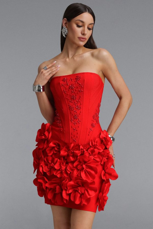 andrea strapless pearl floral mini bandage dress in red 12