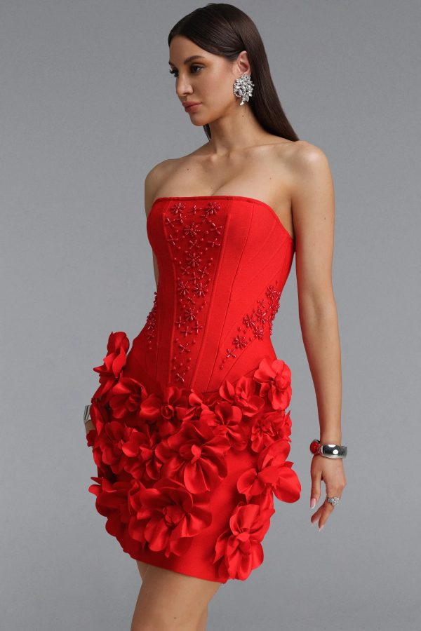 andrea strapless pearl floral mini bandage dress in red 14