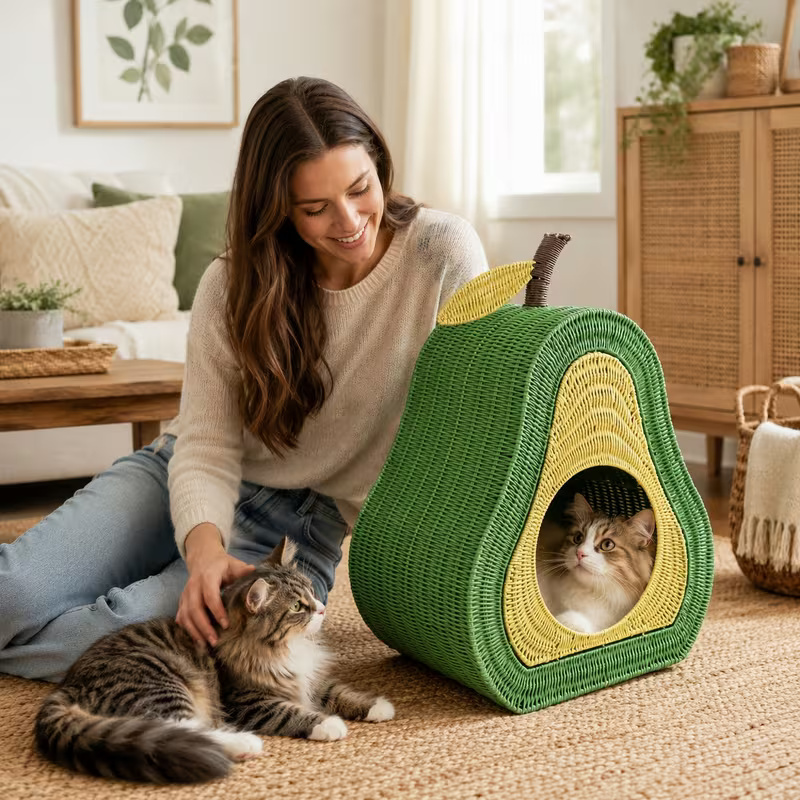 avocado shaped woven cat cave bed with soft hemp pad 11