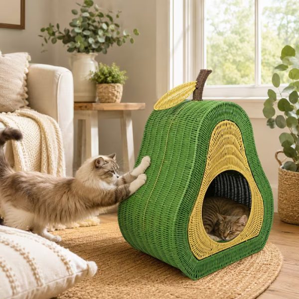 avocado shaped woven cat cave bed with soft hemp pad 14