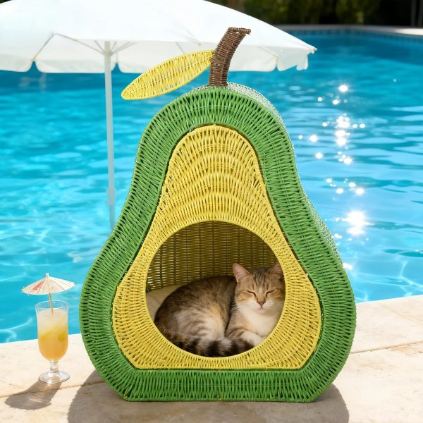 avocado shaped woven cat cave bed with soft hemp pad 16