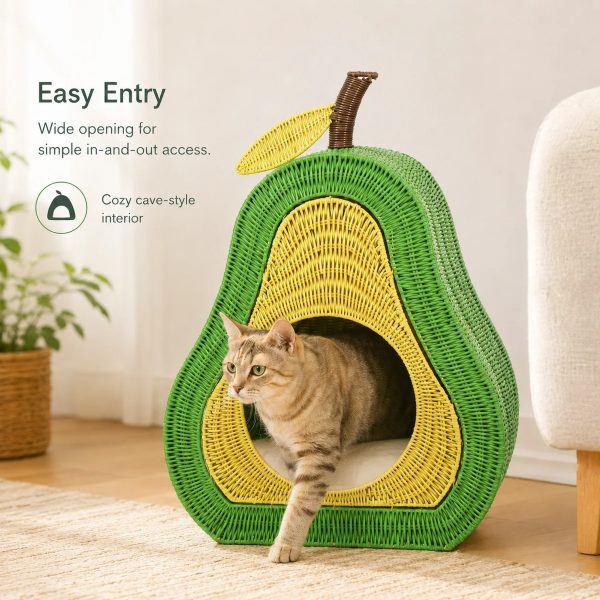 avocado shaped woven cat cave bed with soft hemp pad 18