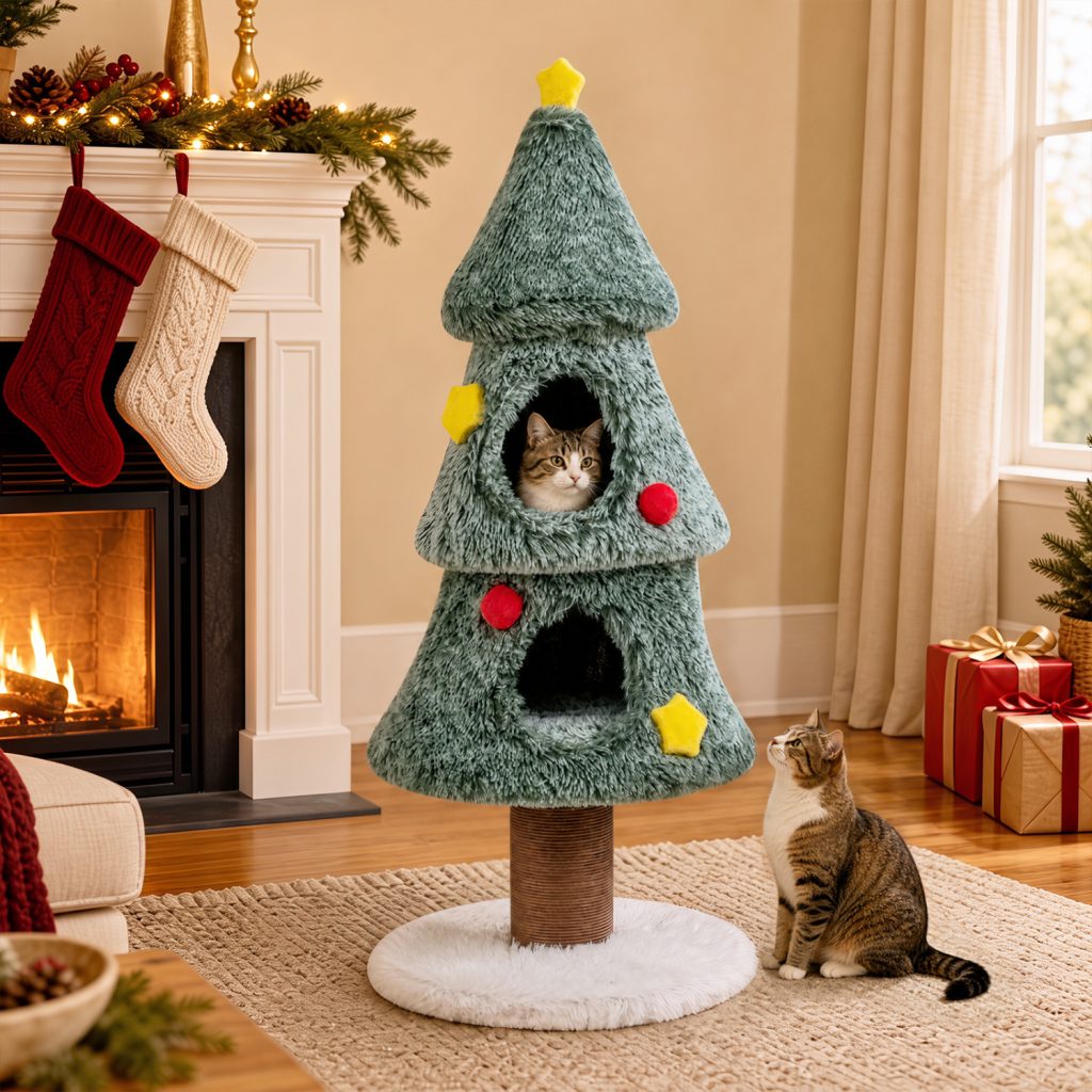 christmas cat tree with 2 condos scratching post & decorative stars 11