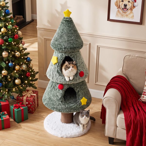 christmas cat tree with 2 condos scratching post & decorative stars 12