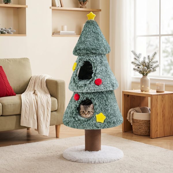 christmas cat tree with 2 condos scratching post & decorative stars 13