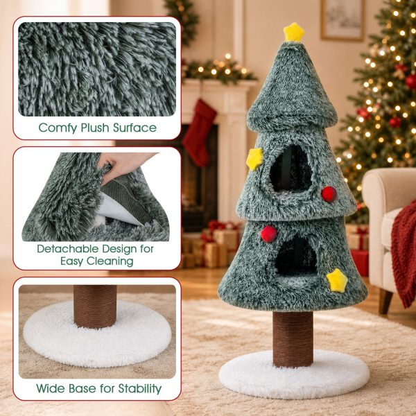 christmas cat tree with 2 condos scratching post & decorative stars 16