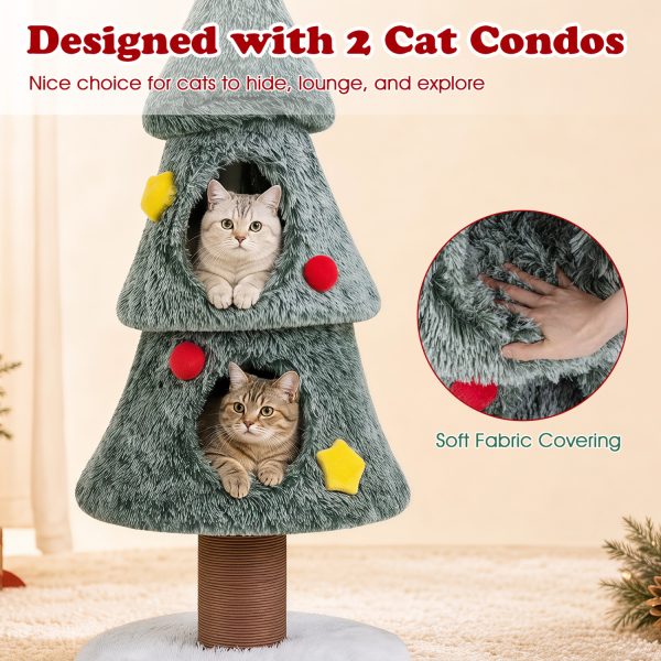 christmas cat tree with 2 condos scratching post & decorative stars 17