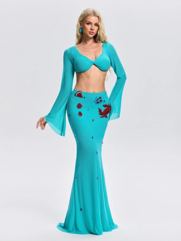 corvexi bell sleeve crystal skirt set 14