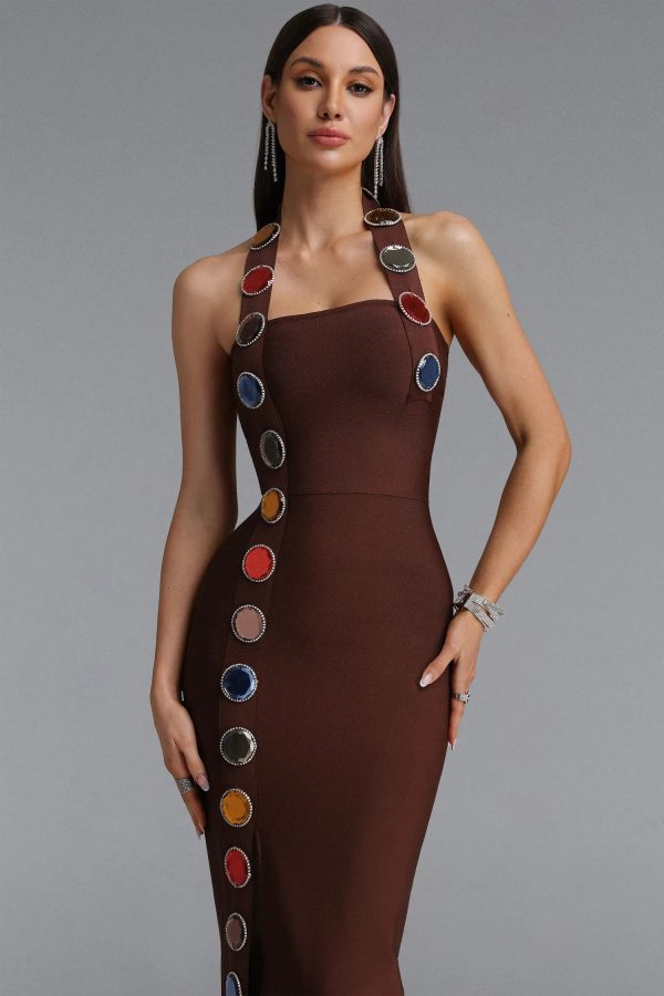 dixie halter sleeveless diamond bandage maxi dress in brown 12