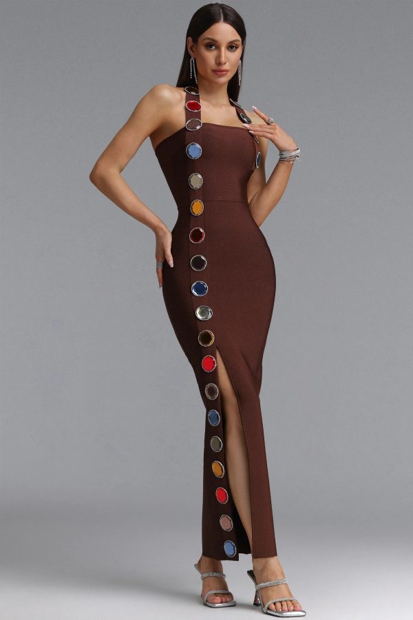 dixie halter sleeveless diamond bandage maxi dress in brown 15