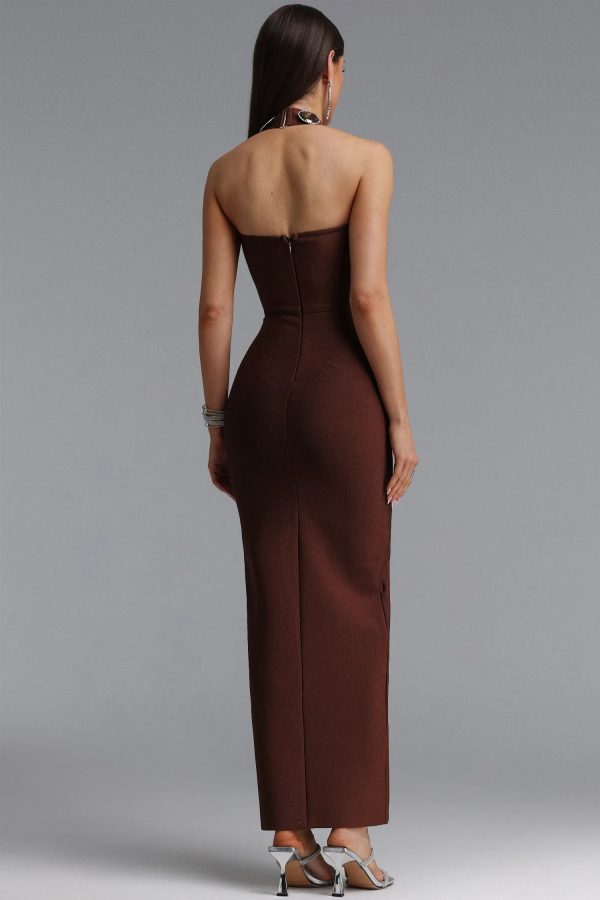 dixie halter sleeveless diamond bandage maxi dress in brown 16