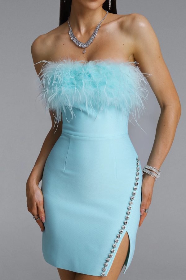 donna strapless feather rhinestone blue bandage mini dress 13