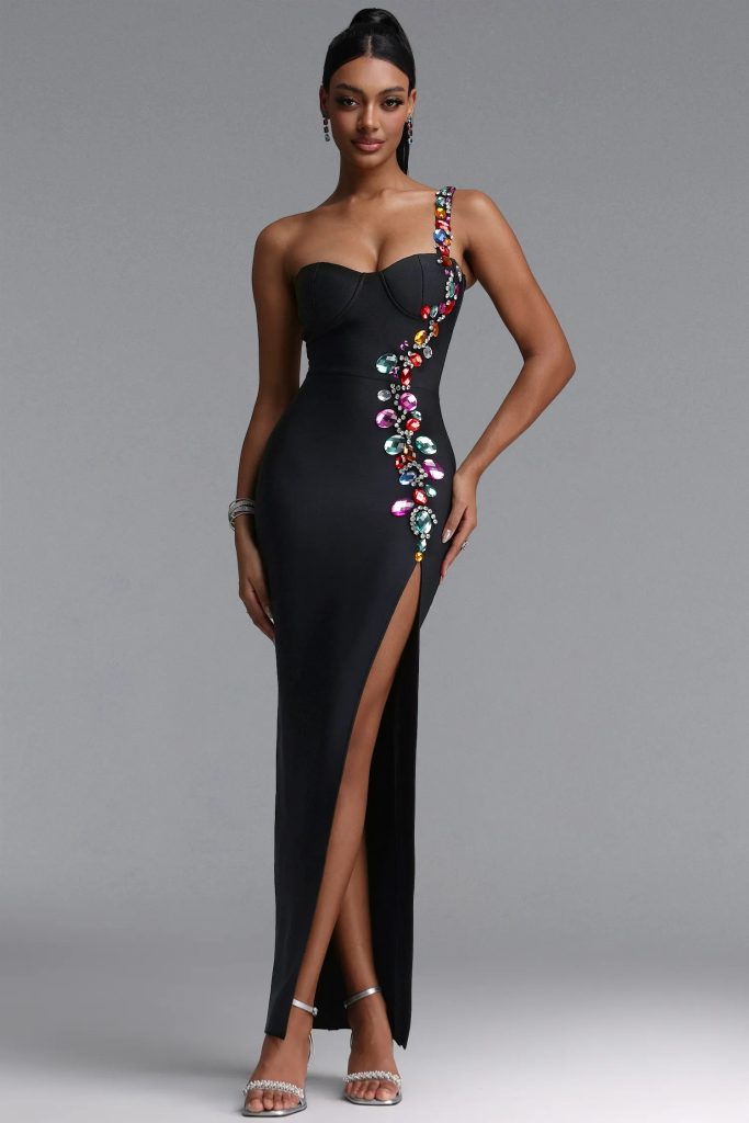 gacia elegant one shoulder colorful rhinestone slit maxi bandage dress 11