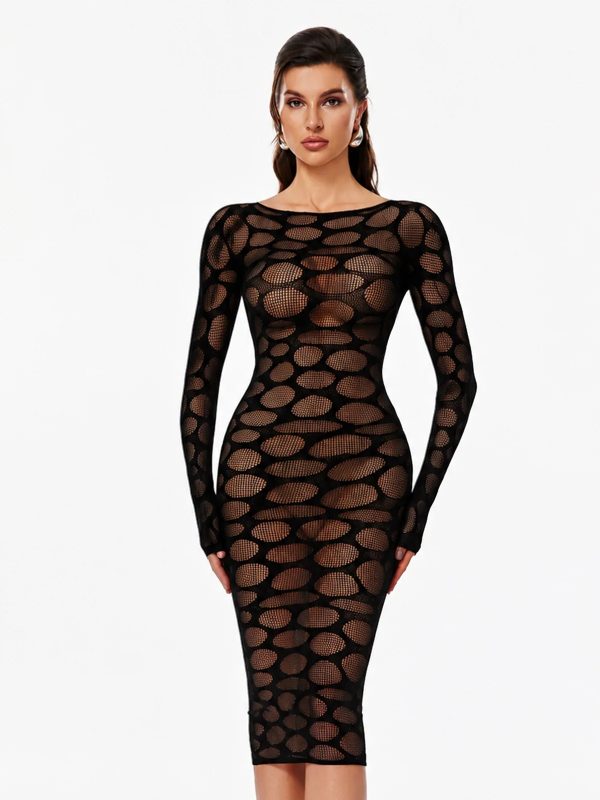 gertruda distressed fishnet midi dress in black 13